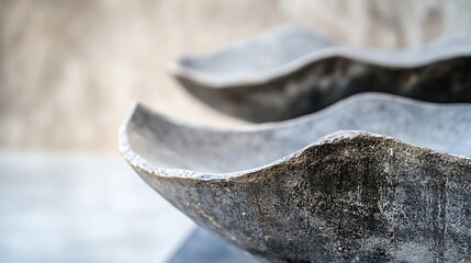 Aufkleber - Close-up view of two dark gray, wave-shaped concrete planters, showcasing a textured surface with subtle light reflections, ideal for modern garden or minimalist home decor. : Generative AI