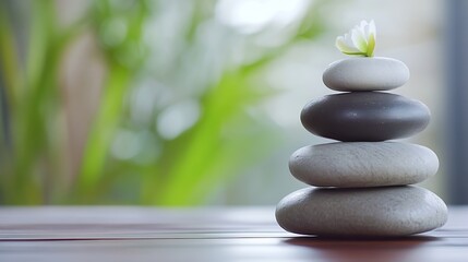 Leinwandbilder - Serene Stack of Grey and White Stones Topped with a Delicate White Flower, Set Against a Blurred Green Background. : Generative AI