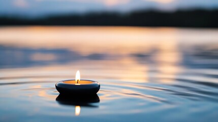 Leinwandbilder - Serene sunset scene featuring a single, floating candle on calm water, creating a peaceful and tranquil atmosphere. : Generative AI