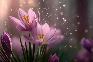 Aufkleber - Close-up of delicate purple crocus flowers glistening with raindrops, illuminated by soft sunlight, creating a serene and magical springtime scene.
