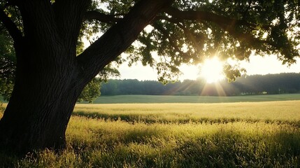Poster - Majestic oak tree frames a sunlit summer field, golden hour light illuminating tall grass and distant trees, creating a serene landscape. : Generative AI