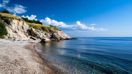 Poster - Serene coastal scene featuring a rocky cliff, pebble beach, and clear blue sea under a vibrant summer sky.  The tranquil water gently laps the shore, creating a picturesque landscape. : Generative AI