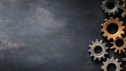 Poster - Metallic gears on dark textured background, industrial design elements, copy space, engineering concept, mechanical parts, cogwheels, teamwork metaphor, gold and silver tones, grunge t : Generative AI