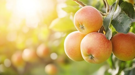 Aufkleber - Close-up view of ripe, red-orange apples hanging on a tree branch, bathed in warm sunlight, with blurred green foliage in the background. : Generative AI