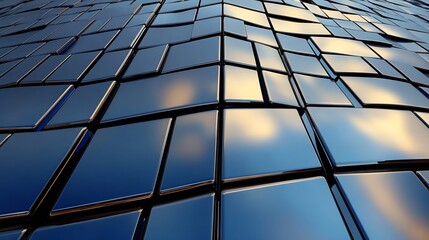 Fototapete - Abstract 3D rendering of a metallic surface composed of numerous glossy, dark-blue squares, creating a dynamic, textured background. : Generative AI