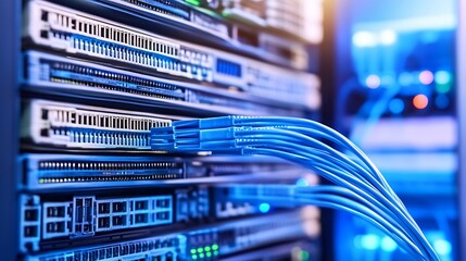 Poster - Close-up of blue fiber optic cables connected to a server rack, showcasing data center technology and network infrastructure. : Generative AI