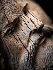 Leinwandbilder - Close-up view of a weathered wooden sculpture, showing intricate detail and texture of aged wood, with deep cracks and crevices forming a face-like pattern. : Generative AI