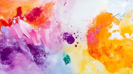 Fototapete - Vibrant abstract painting with orange, pink, purple, and white hues, showcasing dynamic brushstrokes and paint splatters on a textured canvas. : Generative AI