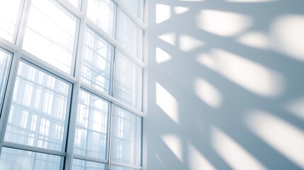 Poster - Modern office interior featuring a large window with bright sunlight casting geometric shadows on a light wall, creating a minimalist and airy atmosphere. : Generative AI