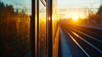 Poster - Golden sunset light illuminates a train window, reflecting the warm hues of the evening sky onto the glass and metal frame.  The blurred background shows railway tracks vanishing into  : Generative AI
