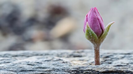 Poster - Pink flower bud emerging from grey stone, a symbol of resilience and new life breaking through harsh conditions.  Close-up detail showcasing delicate petals and textured stem. : Generative AI