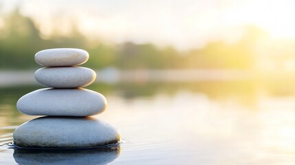 Poster - Serene Stack of White Stones in Calm Water at Sunset, Reflecting Tranquility and Balance in Nature. : Generative AI