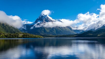 Poster - Majestic snow-capped mountain peak reflected in a tranquil lake, surrounded by lush green forests under a vibrant blue sky with fluffy clouds. : Generative AI