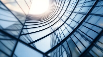 Leinwandbilder - Abstract view of a modern building's curved glass facade, showcasing a dynamic interplay of light and shadow reflecting on the sleek, blue-toned windows. : Generative AI