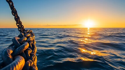 Poster - Golden sunset over the ocean, viewed from a boat, with a thick, dark chain in the foreground, reflecting the warm light. : Generative AI