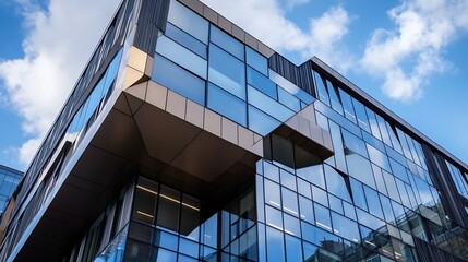Leinwandbilder - Modern glass building facade detail, showcasing geometric architecture and blue sky reflection.  The contemporary design features bronze accents and varied window sizes. : Generative AI