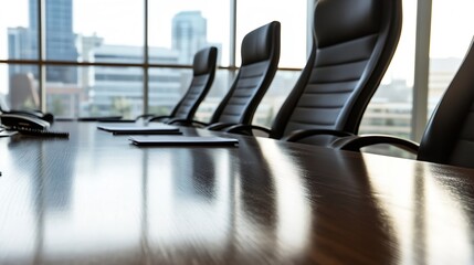 Aufkleber - Empty conference table with leather chairs and city view, reflecting sunlight on polished wood surface.  Modern office setting, ideal for business meetings or presentations. : Generative AI