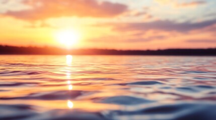Leinwandbilder - Serene sunset reflected on calm water surface, creating a picturesque scene of orange and purple hues at the horizon, with gentle ripples and soft light. : Generative AI