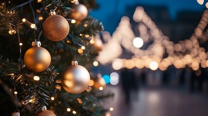 Aufkleber - Close-up of gold christmas ornaments hanging on a decorated tree, illuminated by warm fairy lights against a blurred city night background. : Generative AI