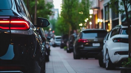 Poster - A dark-colored SUV parked on a city street at dusk, with other vehicles blurred in the background, showcasing the vehicle's taillight and side mirror. : Generative AI