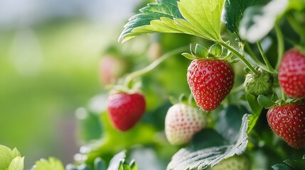 Aufkleber - Close-up view of ripe red strawberries growing on a plant, with green leaves and a blurred natural background.  Sunlight illuminates the juicy berries, showcasing their texture and vib : Generative AI
