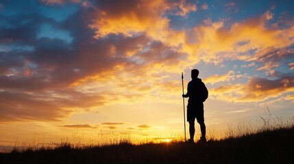Poster - Silhouette of a hiker with a walking stick, enjoying a vibrant sunset over a grassy hilltop, golden hour light painting the sky with dramatic clouds. : Generative AI