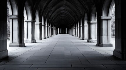 Leinwandbilder - A long, shadowed colonnade with high stone arches and a receding perspective, creating a sense of grandeur and mystery. : Generative AI