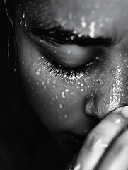 Poster - Close-up monochrome portrait of a woman's face, glistening with sweat, eyes closed, hand near face, conveying emotion and vulnerability. : Generative AI