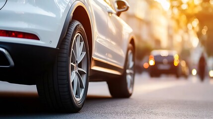 Poster - Close-up view of a white SUV's rear tire and wheel, parked on a city street at sunset.  The background is blurred, showing bokeh lights and other vehicles. : Generative AI