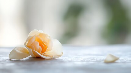 Fototapete - A single, pale yellow rose lies gently on a light grey surface, its petals softly illuminated, creating a serene and peaceful atmosphere. : Generative AI