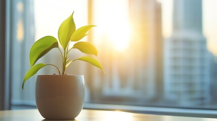 Poster - A small green plant in a white pot sits on a windowsill, bathed in the warm glow of the setting sun, with a blurred cityscape visible through the window. : Generative AI
