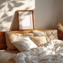 Aufkleber - A wooden frame with a blank canvas rests on a beige headboard above a bed with white and beige linens, bathed in warm sunlight filtering through leaves.