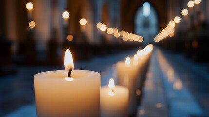 Leinwandbilder - A row of softly glowing candles illuminates a dimly lit church aisle, creating a serene and peaceful atmosphere. The warm candlelight casts a gentle glow on the stone floor. : Generative AI