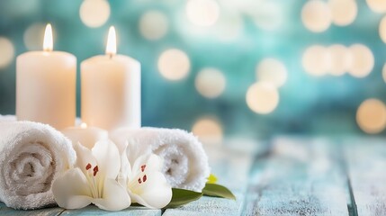 Aufkleber - Serene spa setting with two lit candles, rolled white towels, and delicate white flowers on a teal wooden surface, creating a tranquil and relaxing atmosphere. : Generative AI