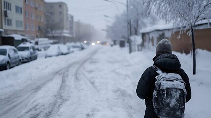 Poster - A lone person with a backpack walks down a snow-covered street in a city during a winter storm, buildings are blurred in the background. : Generative AI