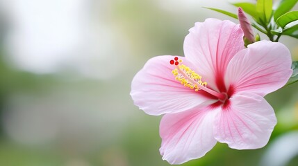 Aufkleber - Close-up view of a delicate pink hibiscus flower, showcasing its intricate details and soft petals against a blurred green background. : Generative AI