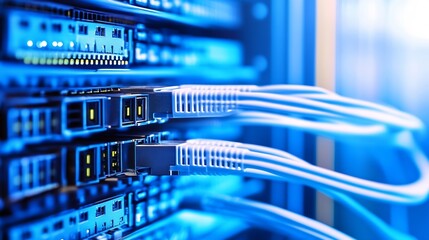 Poster - Close-up view of fiber optic cables connected to a server rack, showcasing the intricate network infrastructure and data transfer technology. : Generative AI