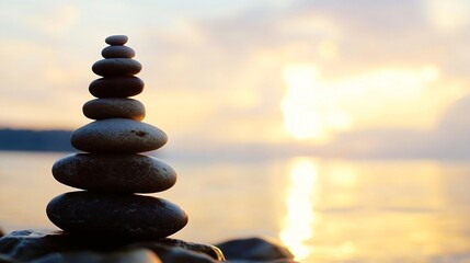 Poster - Serene sunset scene featuring a carefully balanced stack of smooth, grey stones on a rocky shore, reflecting tranquility and balance. : Generative AI