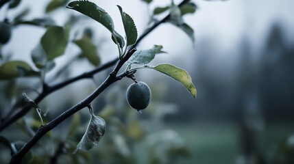 Poster - A single, small, green fruit hangs from a branch, surrounded by frost-covered leaves on a misty autumn morning. The scene evokes a sense of quiet solitude and the beauty of nature's su : Generative AI