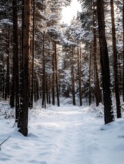 Poster - A snowy path winds through a dense pine forest, sunlight filtering through the branches, creating a serene winter scene. : Generative AI