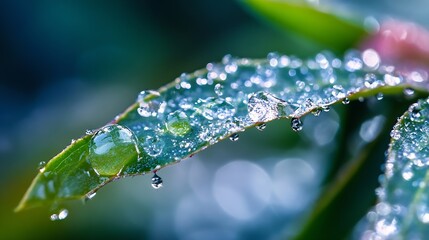 Aufkleber - Close-up view of dew drops clinging to a vibrant green leaf, glistening in the sunlight, showcasing the intricate details of nature's artistry. : Generative AI