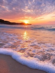 Poster - Serene sunset over ocean waves gently lapping sandy beach, creating a picturesque coastal scene with warm, golden light reflecting on the water's surface. : Generative AI