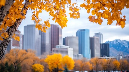 Poster - Autumn leaves frame a cityscape, showcasing golden foliage against a backdrop of modern skyscrapers and distant snow-capped mountains.  The vibrant colors of fall contrast beautifully  : Generative AI