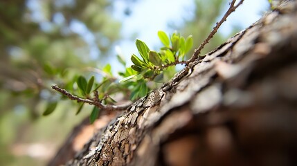 Aufkleber - Close-up view of vibrant green leaves sprouting from a textured tree bark, bathed in sunlight, showcasing nature's resilience and new growth. : Generative AI