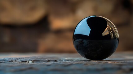 Poster - A perfectly smooth, obsidian black sphere rests delicately on a rough, textured stone surface, reflecting a blurred background of warm brown tones. : Generative AI