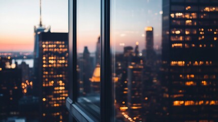 Poster - Blurred cityscape view at sunset, seen through a modern window pane, showcasing illuminated skyscrapers and a soft, warm light. : Generative AI