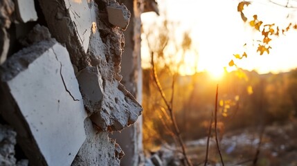 Aufkleber - Close-up view of a crumbling concrete wall at sunset, showing textured fragments and a blurred autumnal background with golden light. : Generative AI