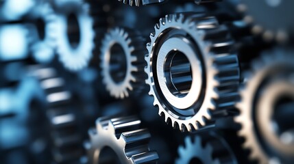Aufkleber - Close-up of interlocking metal gears, showcasing intricate details and a cool, metallic blue tone.  The image suggests precision engineering and complex machinery. : Generative AI
