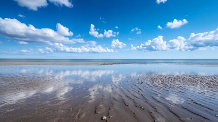 Aufkleber - Serene coastal scene featuring a tranquil beach with the reflection of fluffy clouds in the calm, shallow water, under a vibrant blue sky. : Generative AI