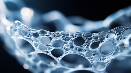 Leinwandbilder - Abstract blue network of interconnected bubbles, resembling a cellular structure or foam, with a dark background, showcasing intricate details and a three-dimensional effect. : Generative AI